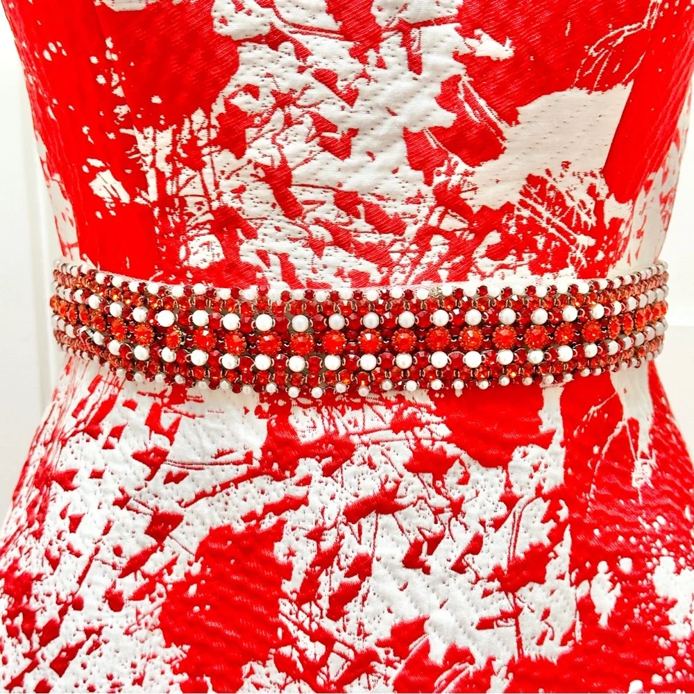 JOVANI Red and White Print Backless A-Line Evening Gown - Picture 8 of 16